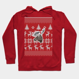 Merry ChrisMOOSE! A Christmas design of a moose atop a Christmas sweater background with a funny phrase Hoodie